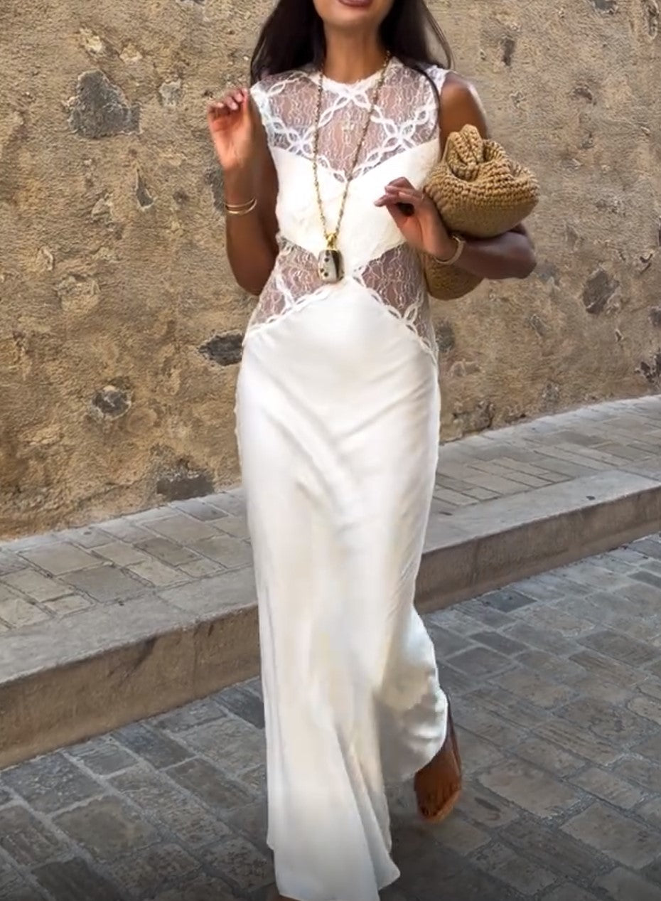 White Satin Lace Cutout Sleeveless Maxi Dress