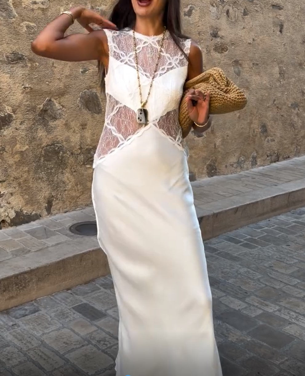 White Satin Lace Cutout Sleeveless Maxi Dress