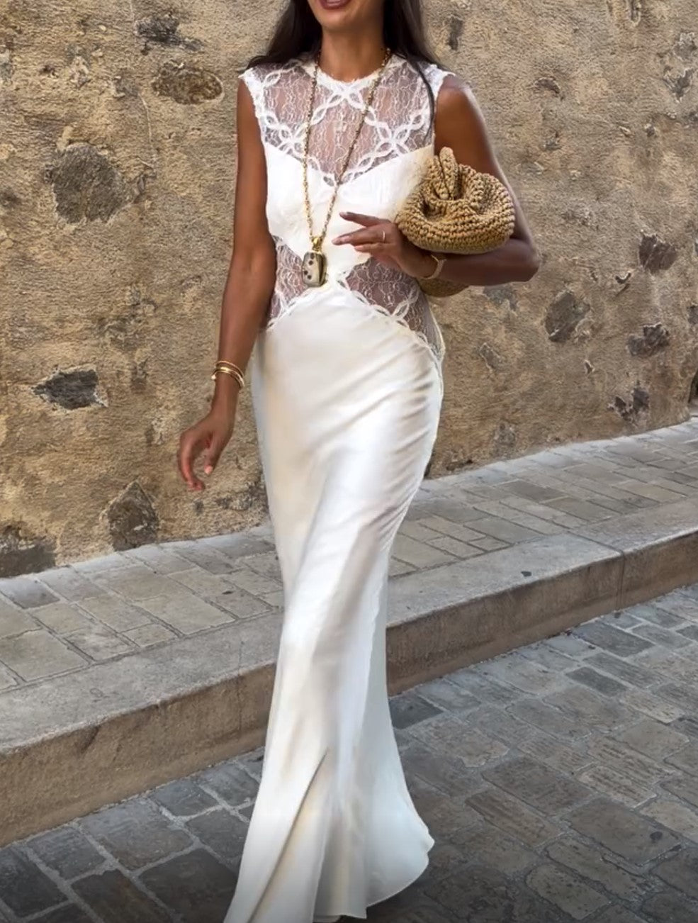 White Satin Lace Cutout Sleeveless Maxi Dress