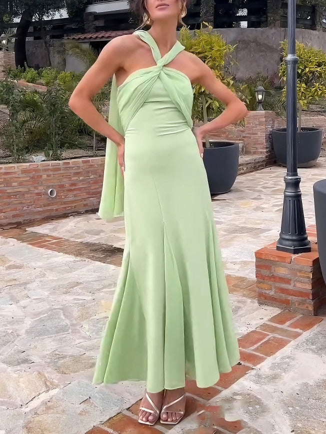 Elegant Flowy Tulle A-Line Midi Dress Green