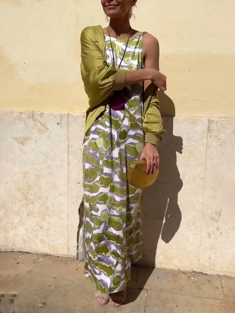 Fashion Satin Tie-Dye Printed Slit Vest Maxi Dress Green
