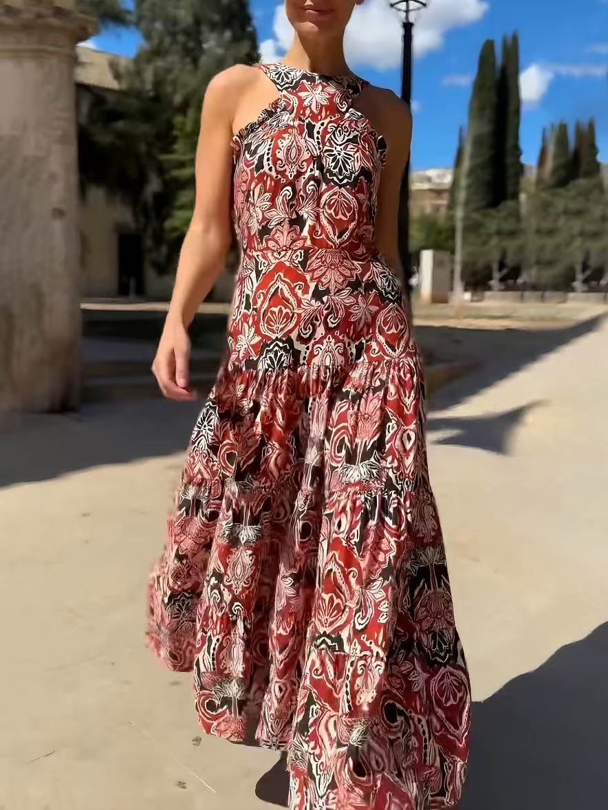 Vintage Ethnic Print Layered Midi Dress Dark red