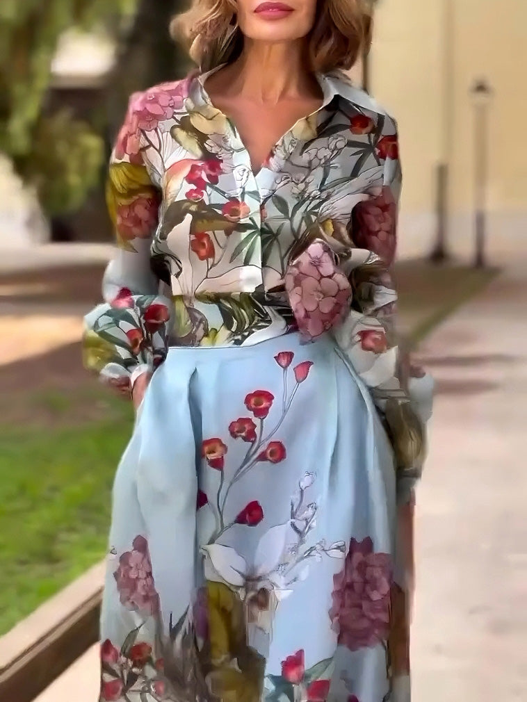 Elegant Watercolor Floral Print Shirt Blue