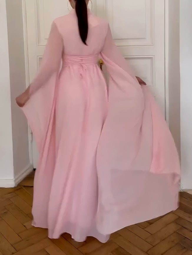 Elegant Small Stand Collar Chiffon Sleeves Maxi Dress
