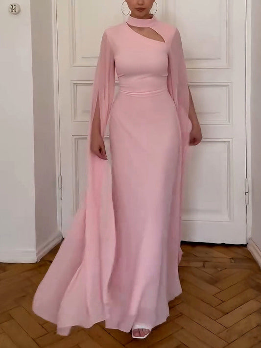 Elegant Small Stand Collar Chiffon Sleeves Maxi Dress