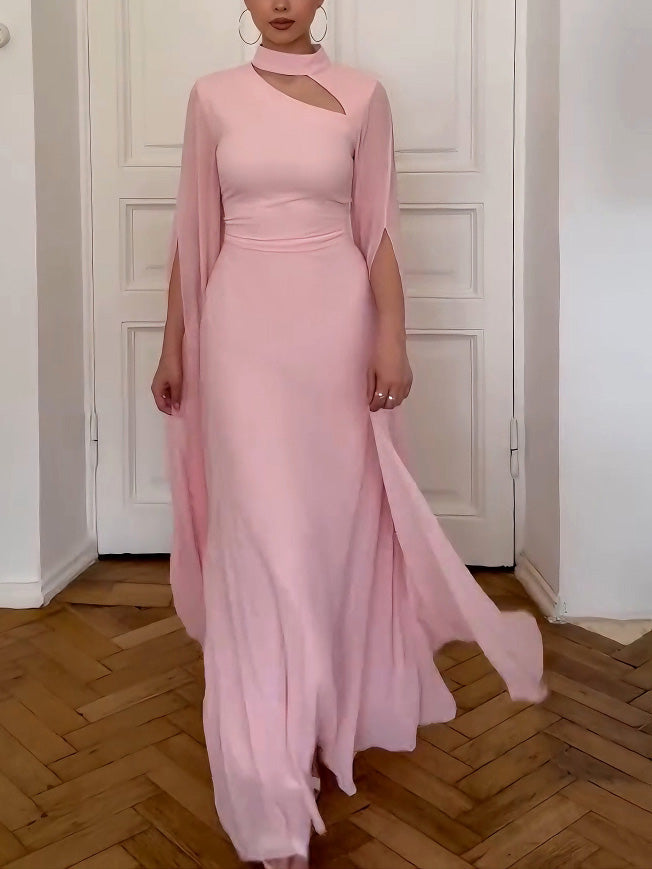 Elegant Small Stand Collar Chiffon Sleeves Maxi Dress Pink