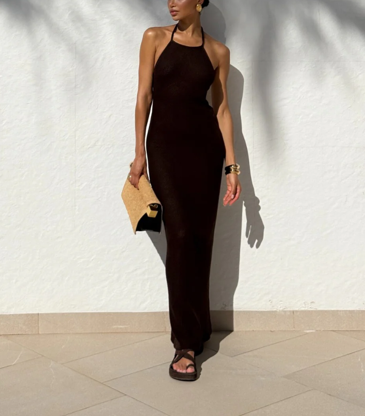 Chocolate Brown Butter Knit Long Dress