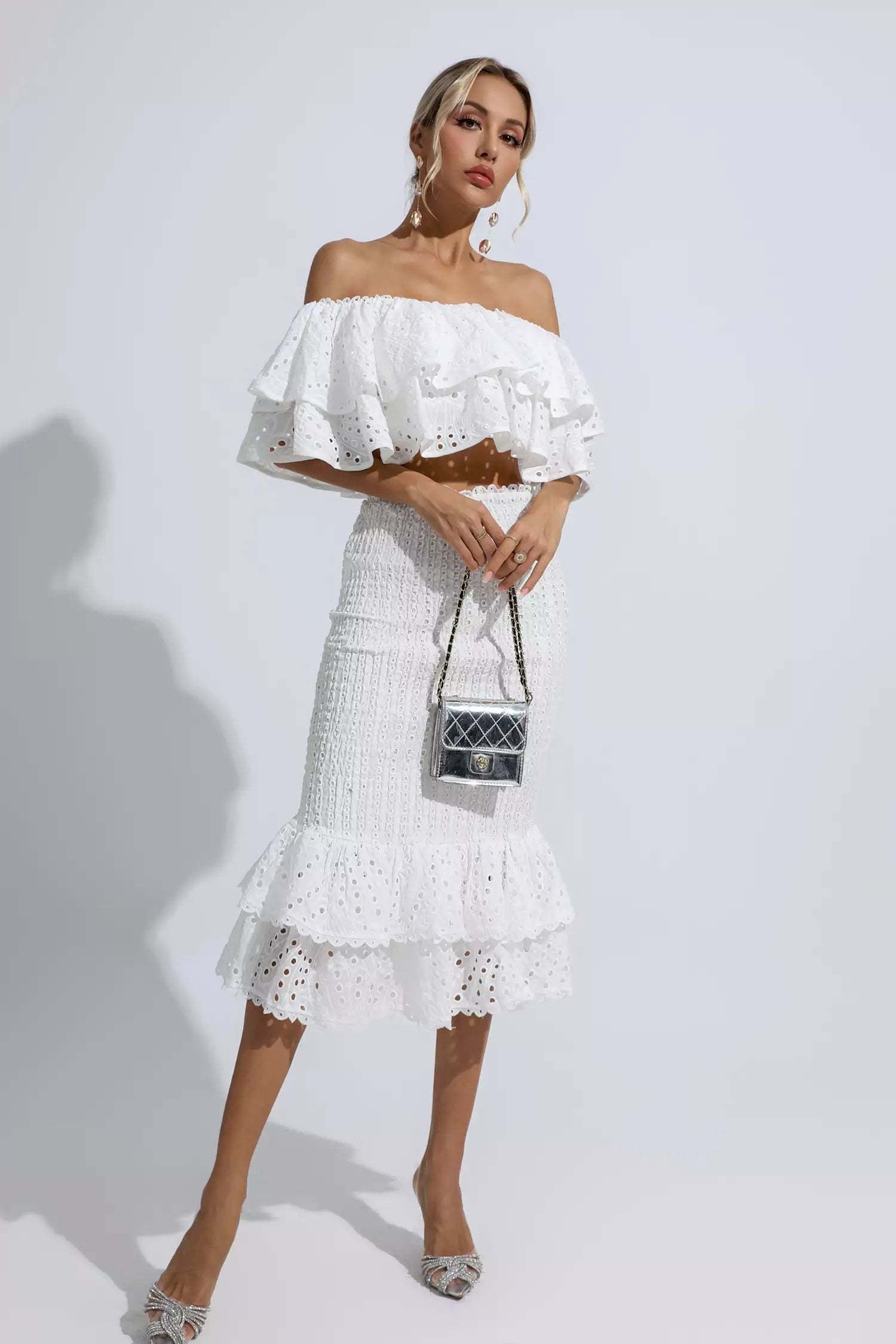 Winnie off shoulder ruffle set-White
