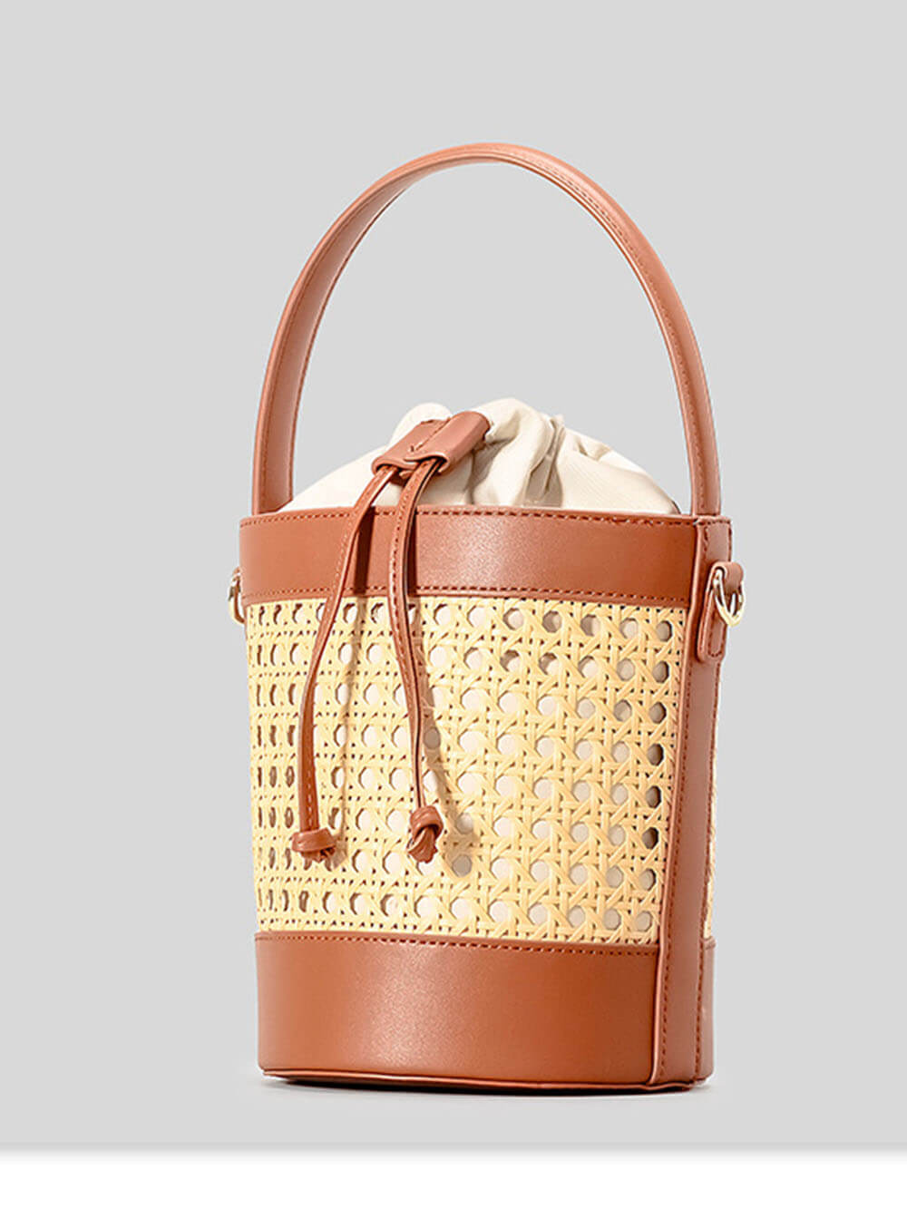 Beach Holiday Hollow Hand-Woven Rattan Drawstring Bucket Bag Brown