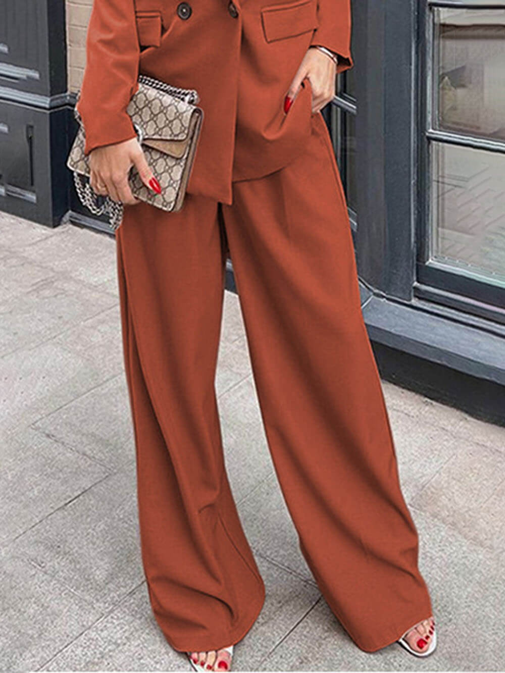 Casual Exquisite Professional Blazer Pocket Wide-Leg Pants Coffee