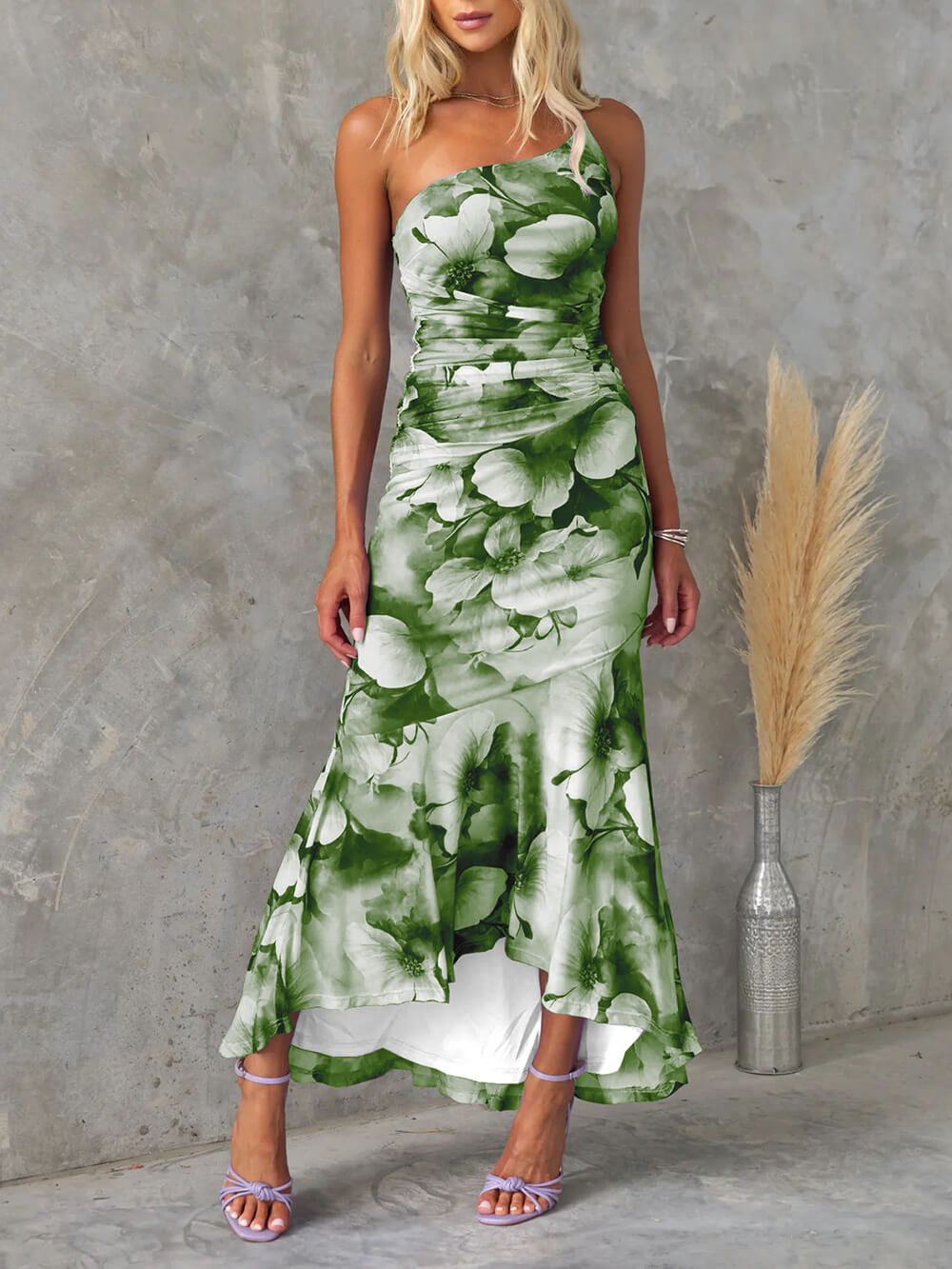 Beautiful Casual Off-Shoulder Floral Print Elastic Slim Irregular Maxi Dress Olive Green