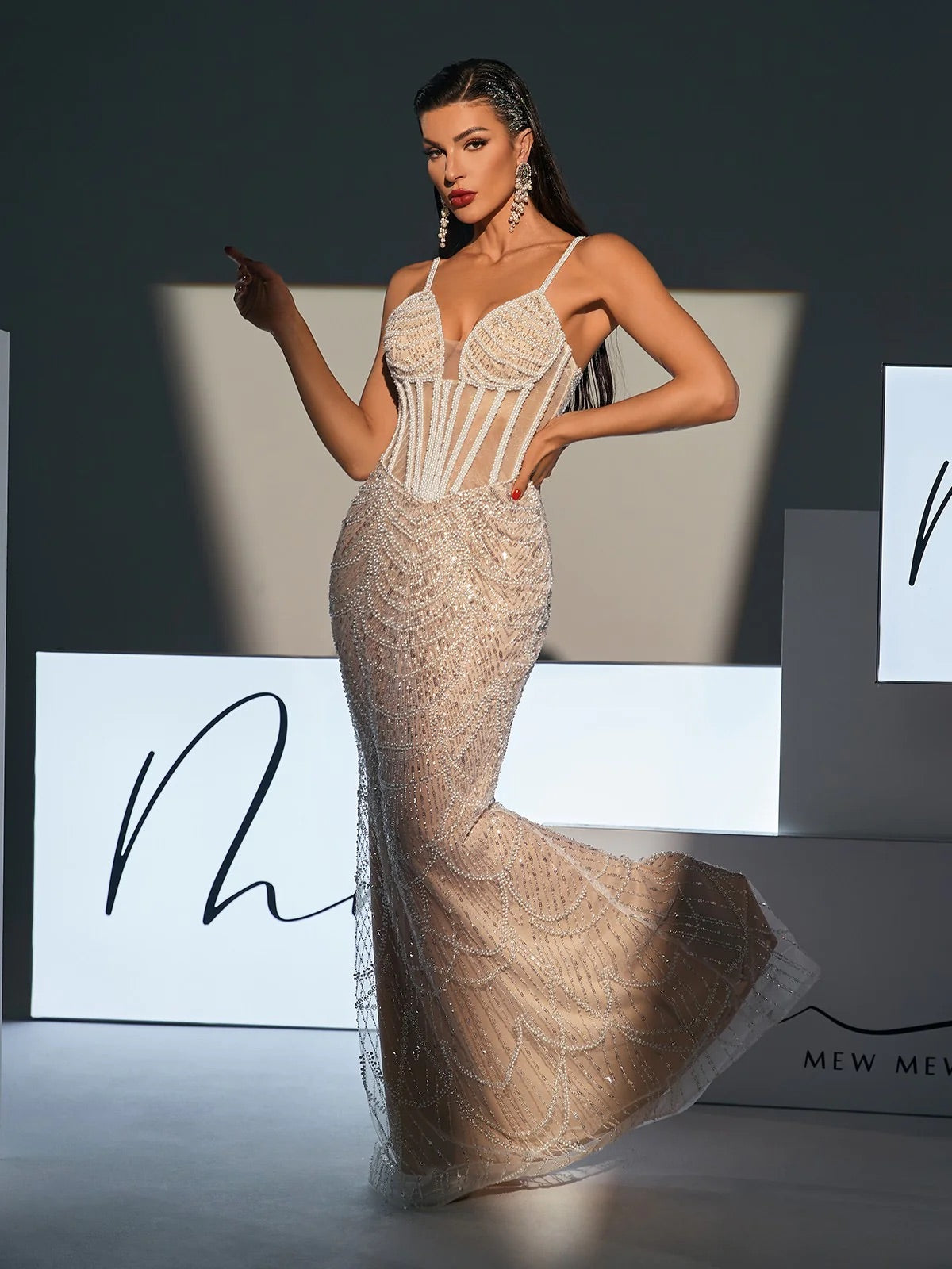Pearl embellish sequin maxi dress