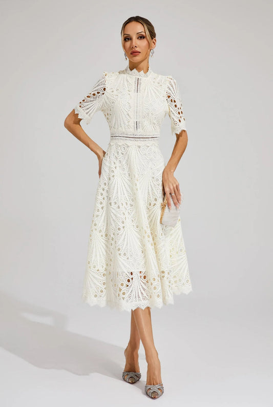 Cutout lace white midi dress