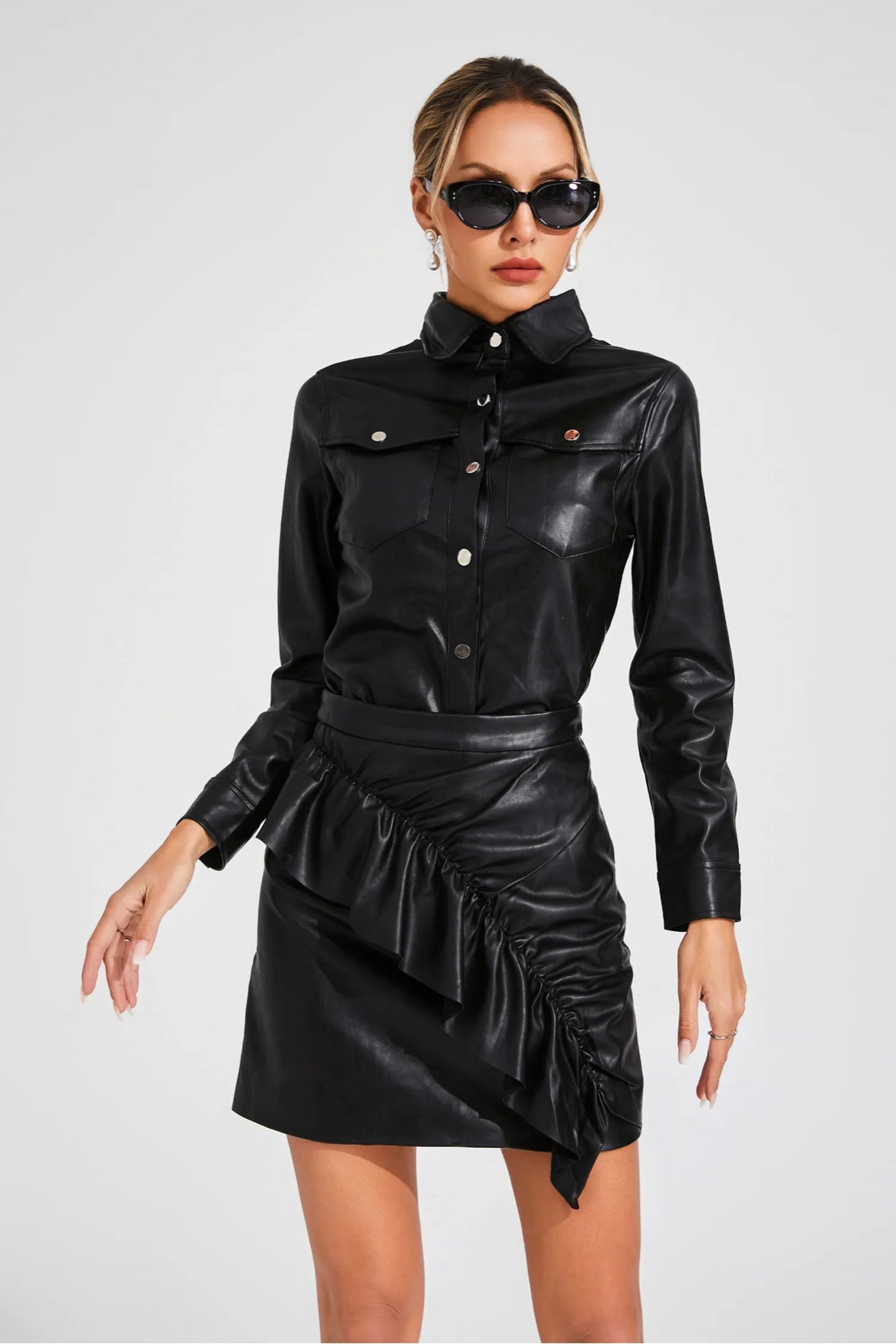 Black leather shirt & skirt set