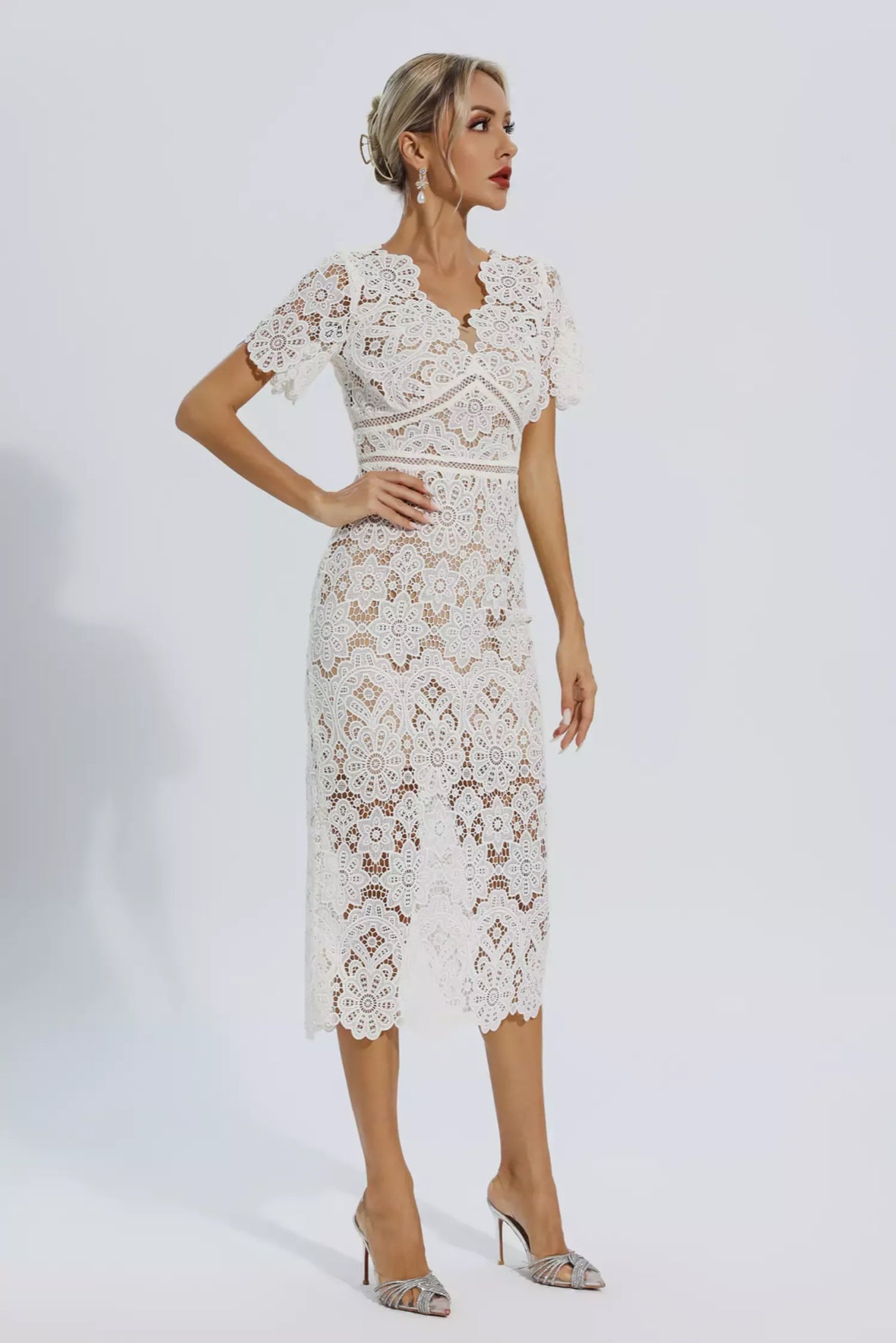 White lace cutout midi dress