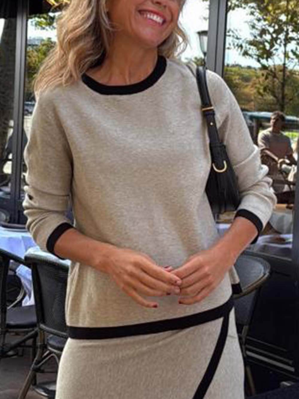 Classic Colorblock Paneled Three-Quarter Sleeves Top Beige