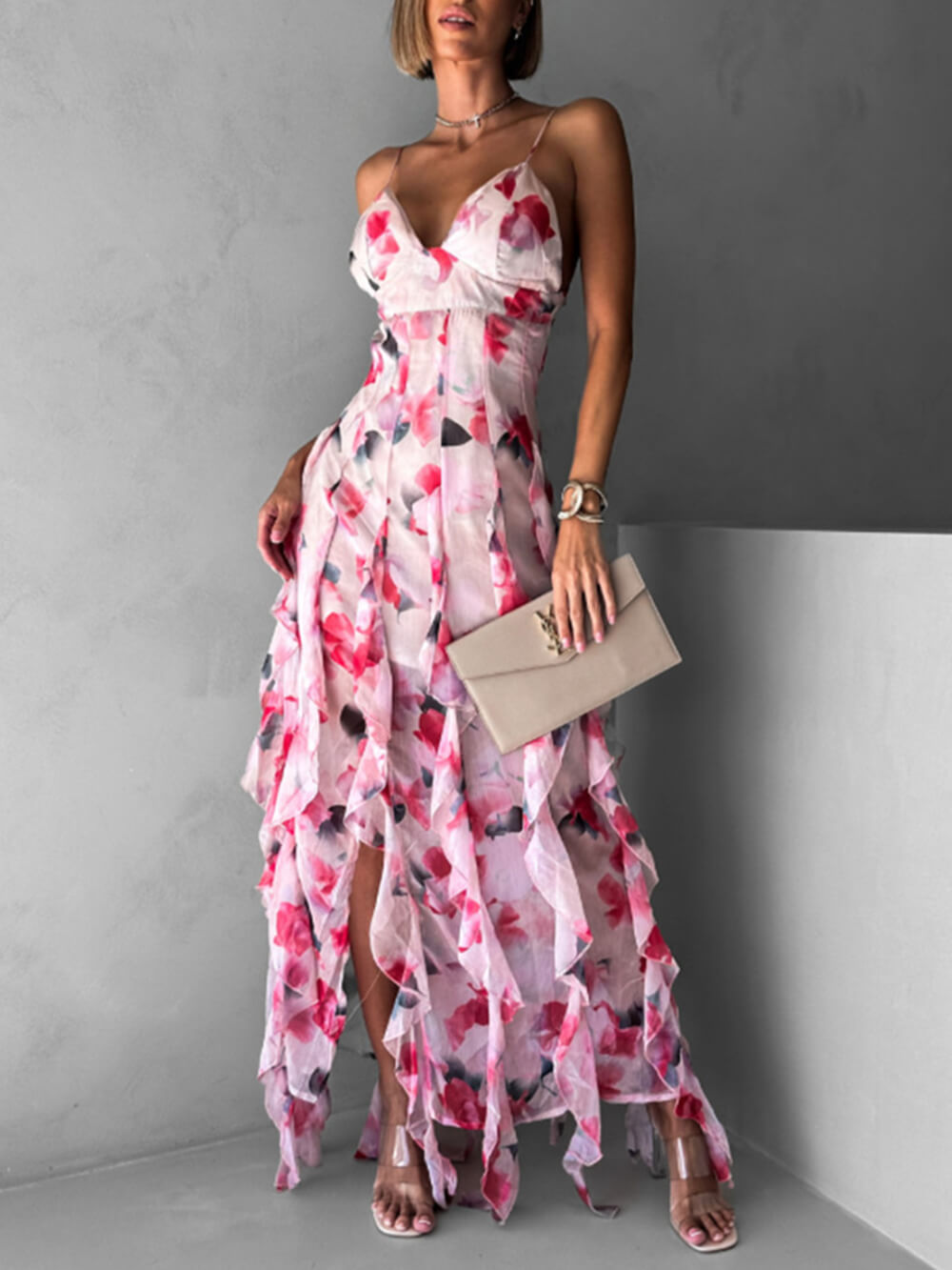 Fashionable Chiffon Printed Off-Shoulder Slit Maxi Dress White