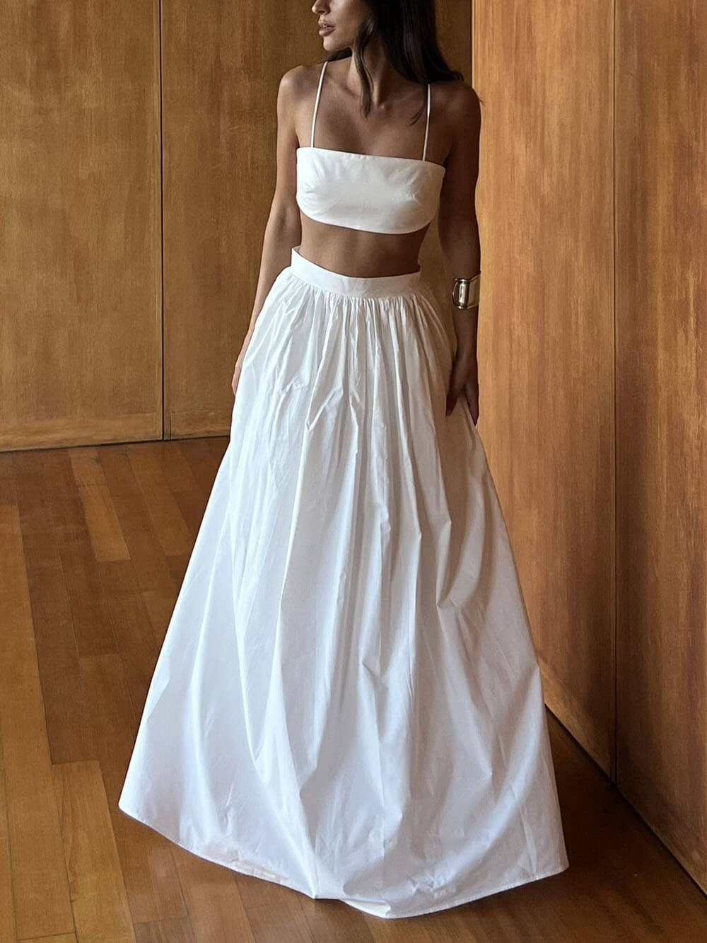 Exquisite Sexy Chambray Cropped Top Loose Maxi Skirt Set White