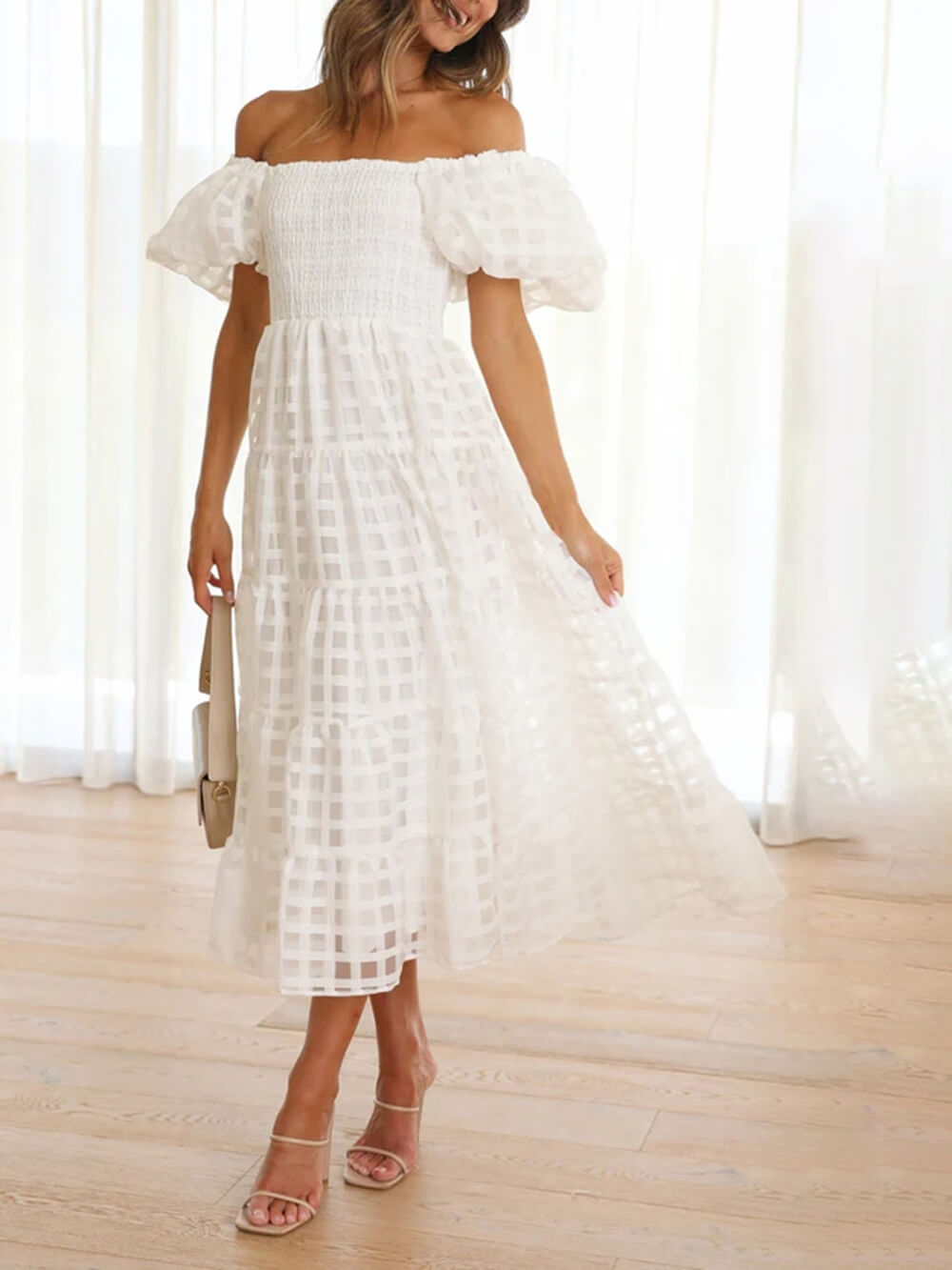 Fashionable One-Shoulder Chiffon Puff Sleeve Swing Midi Dress White