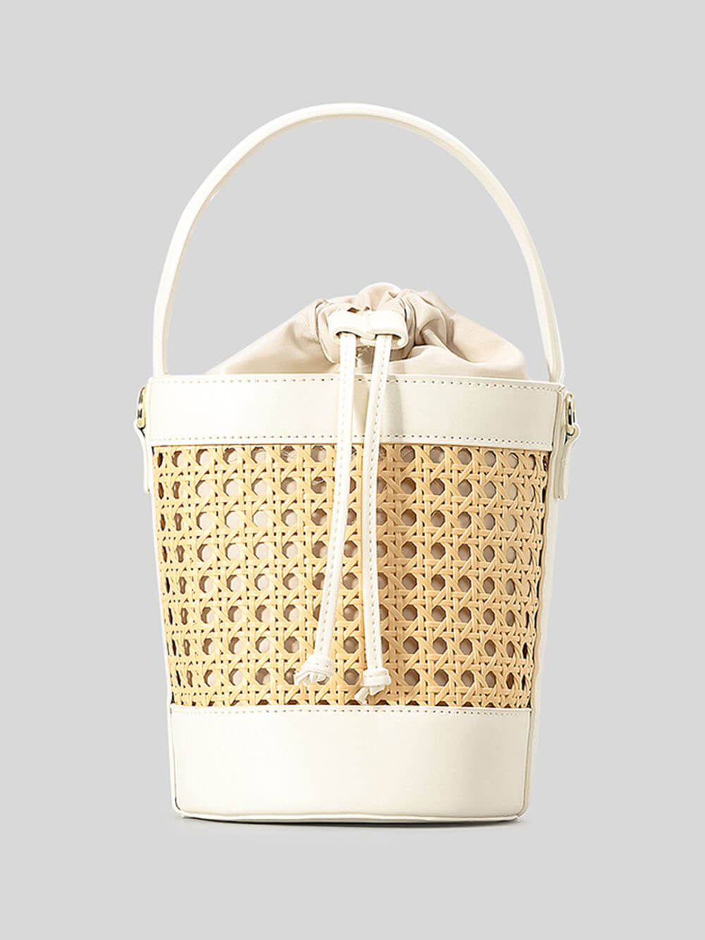 Beach Holiday Hollow Hand-Woven Rattan Drawstring Bucket Bag White