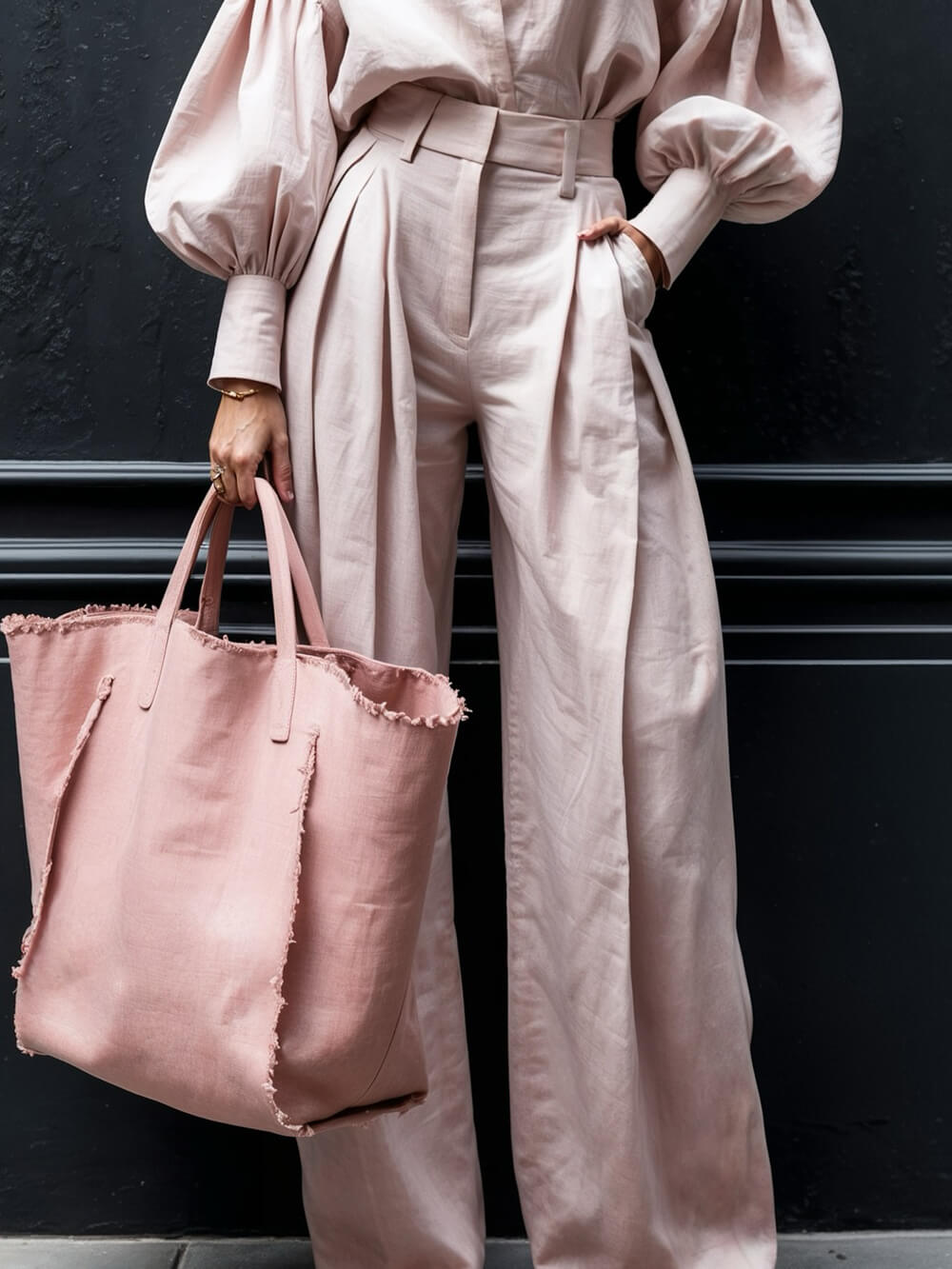 Fashionable Casual Solid Color Unique Pleated Pocket High Waist Wide Leg Pants Pink