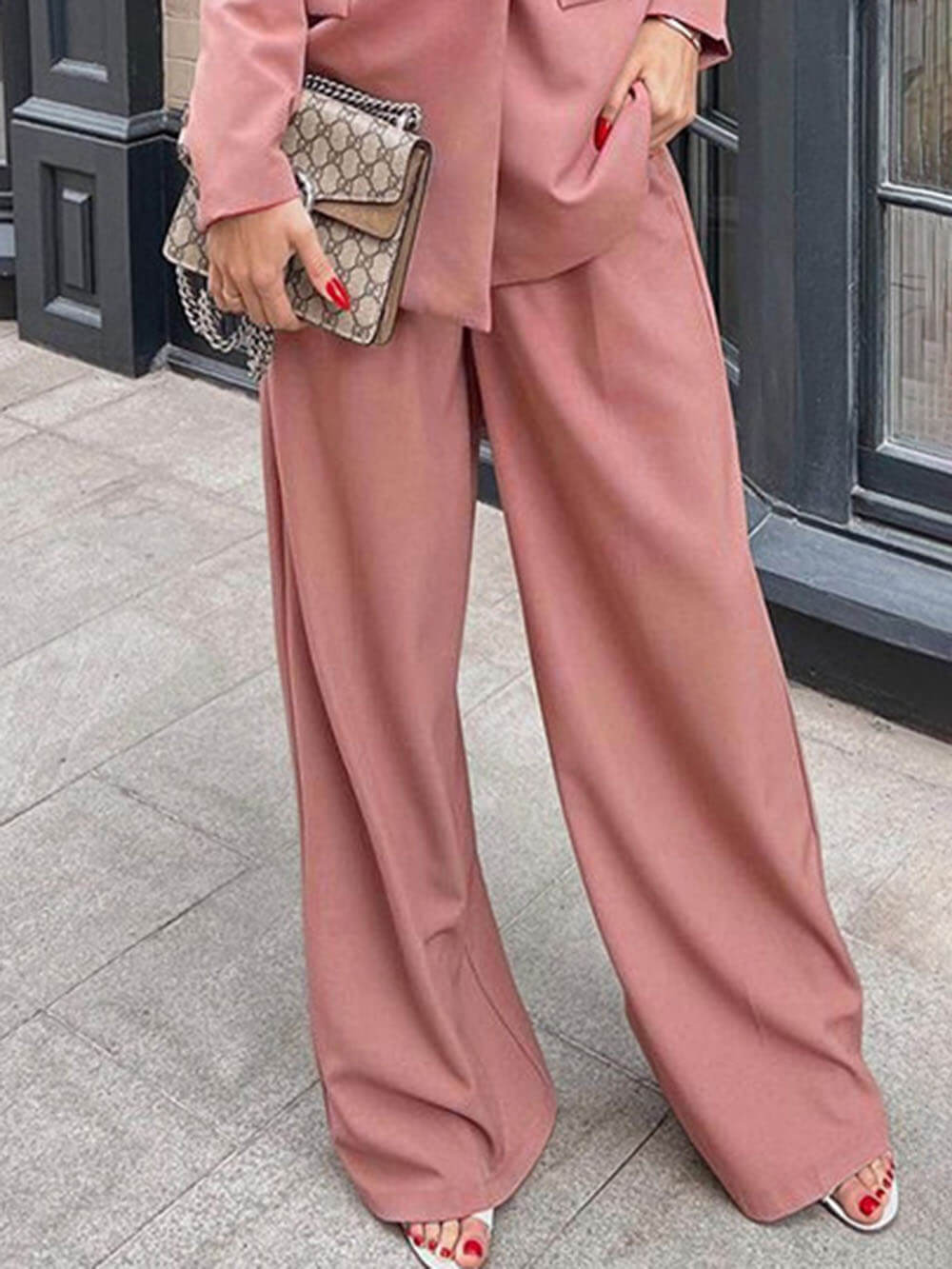 Casual Exquisite Professional Blazer Pocket Wide-Leg Pants Pink