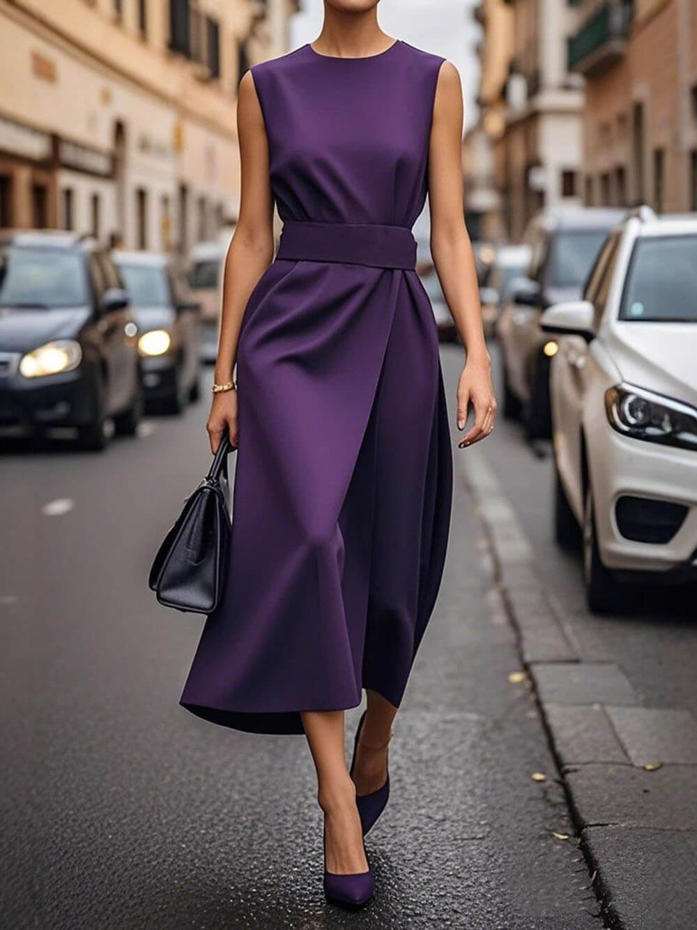 Elegant Pleats Solid Color Sleeveless Round Neck Casual Midi Dress Purple