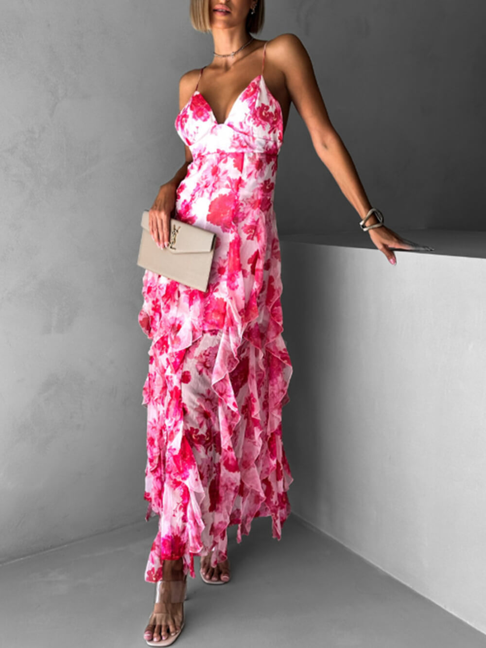 Fashionable Chiffon Printed Off-Shoulder Slit Maxi Dress Red