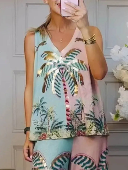 Unique Palm Tree Print Elastic Waist Loose Wide-Leg Pants