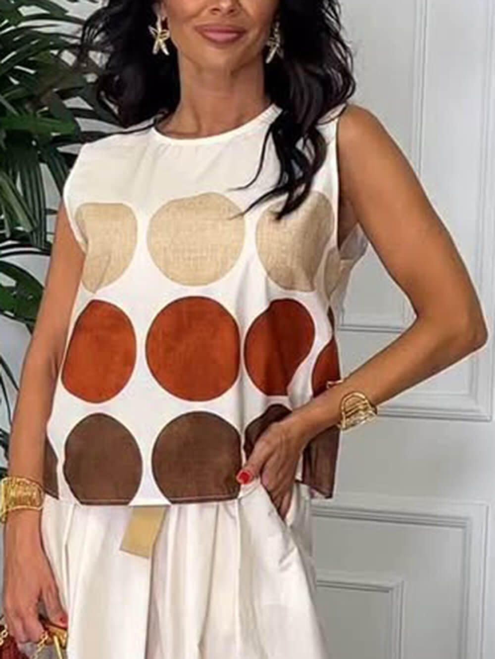 Retro Unique Circular Print Sleeveless Linen Tank Top Multicolor