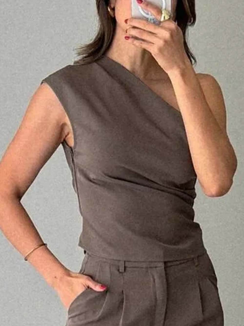 Asymmetric One-Shoulder Top Brown