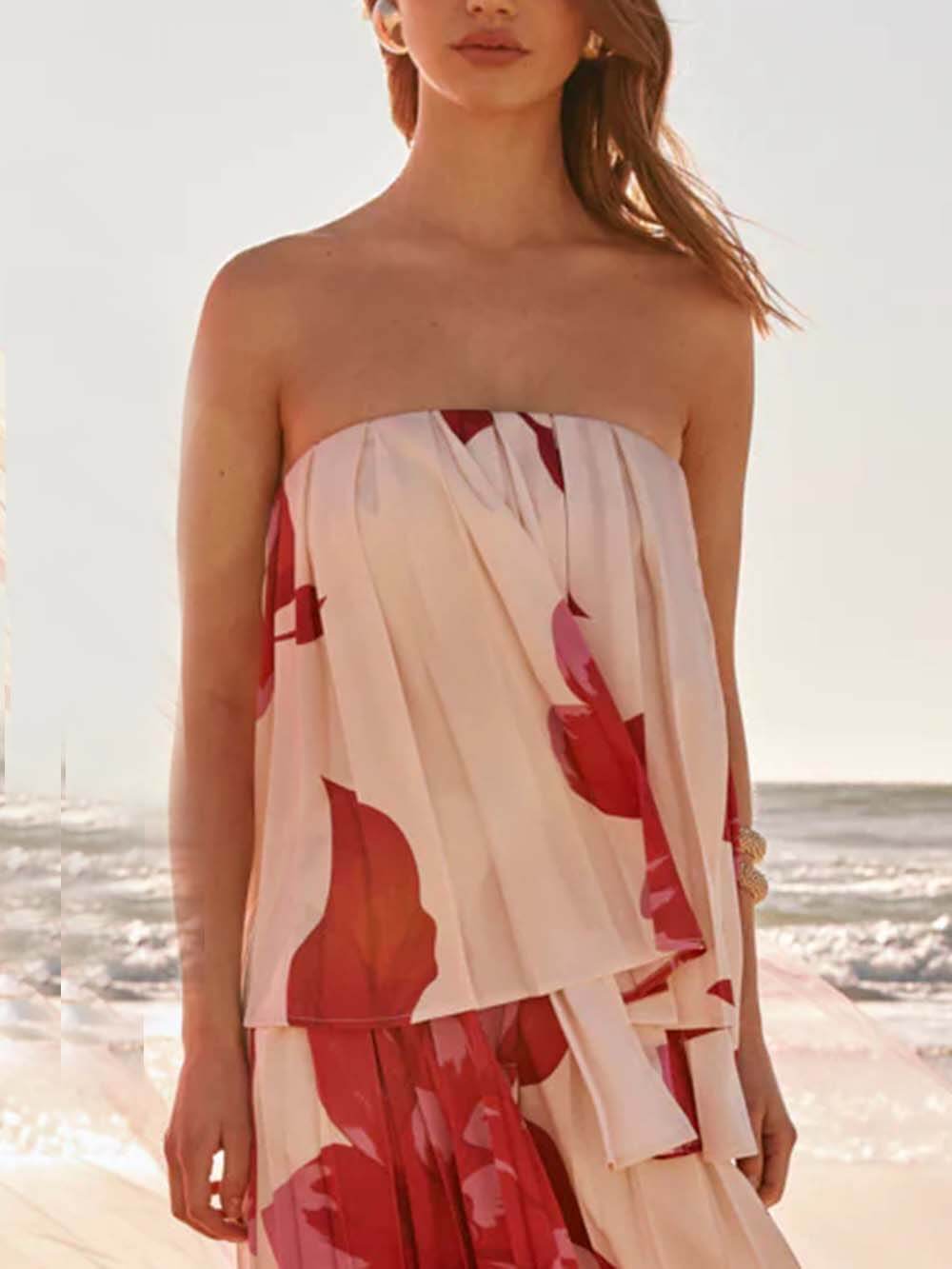 Elegant Printed Satin Ruched Strapless Top Red