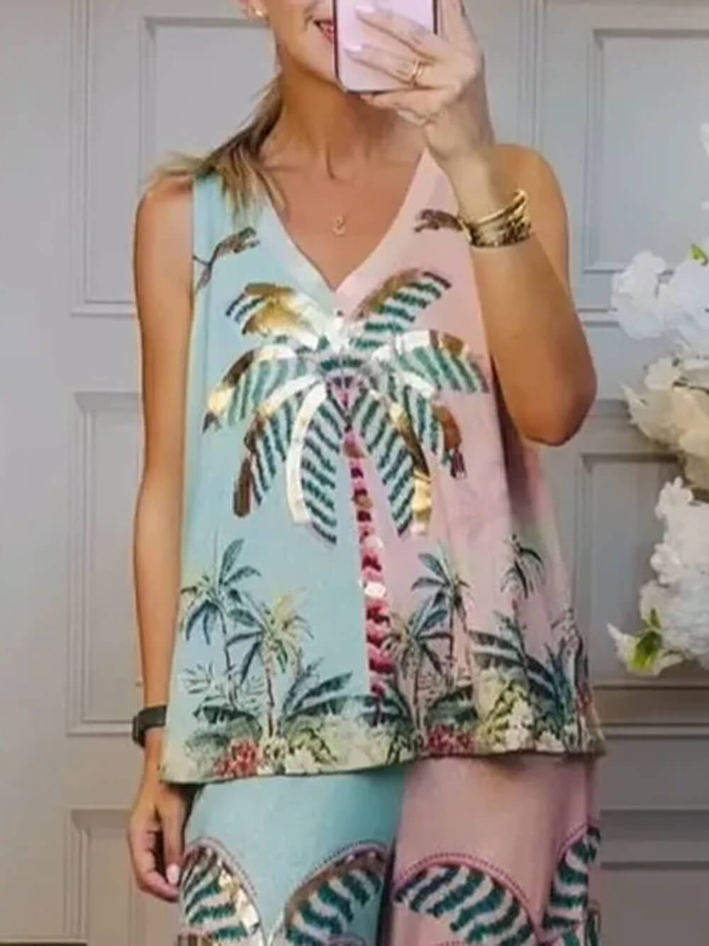 Unique Palm Tree Print Loose Tank Top Multicolor