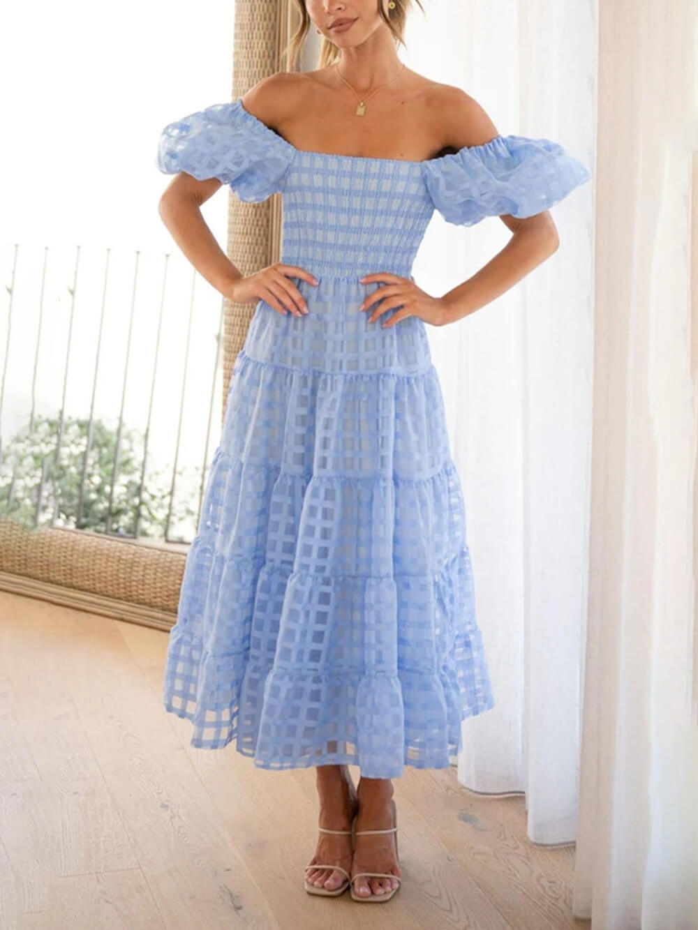 Fashionable One-Shoulder Chiffon Puff Sleeve Swing Midi Dress Blue