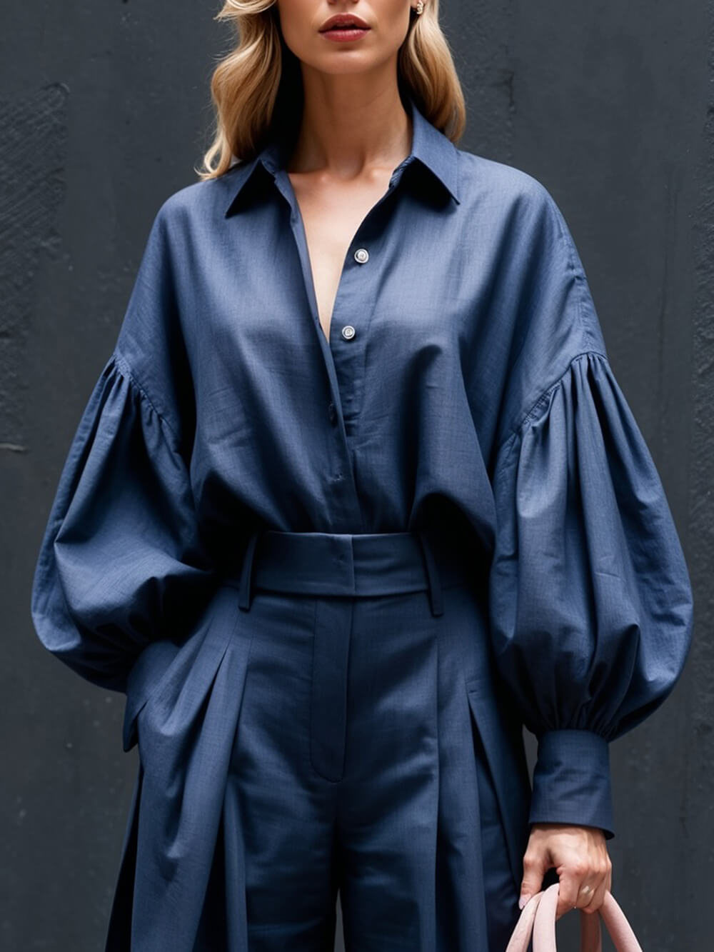 Fashionable Casual Solid Color Lantern Sleeve Loose Button-Down Oversized Shirt Navy Blue