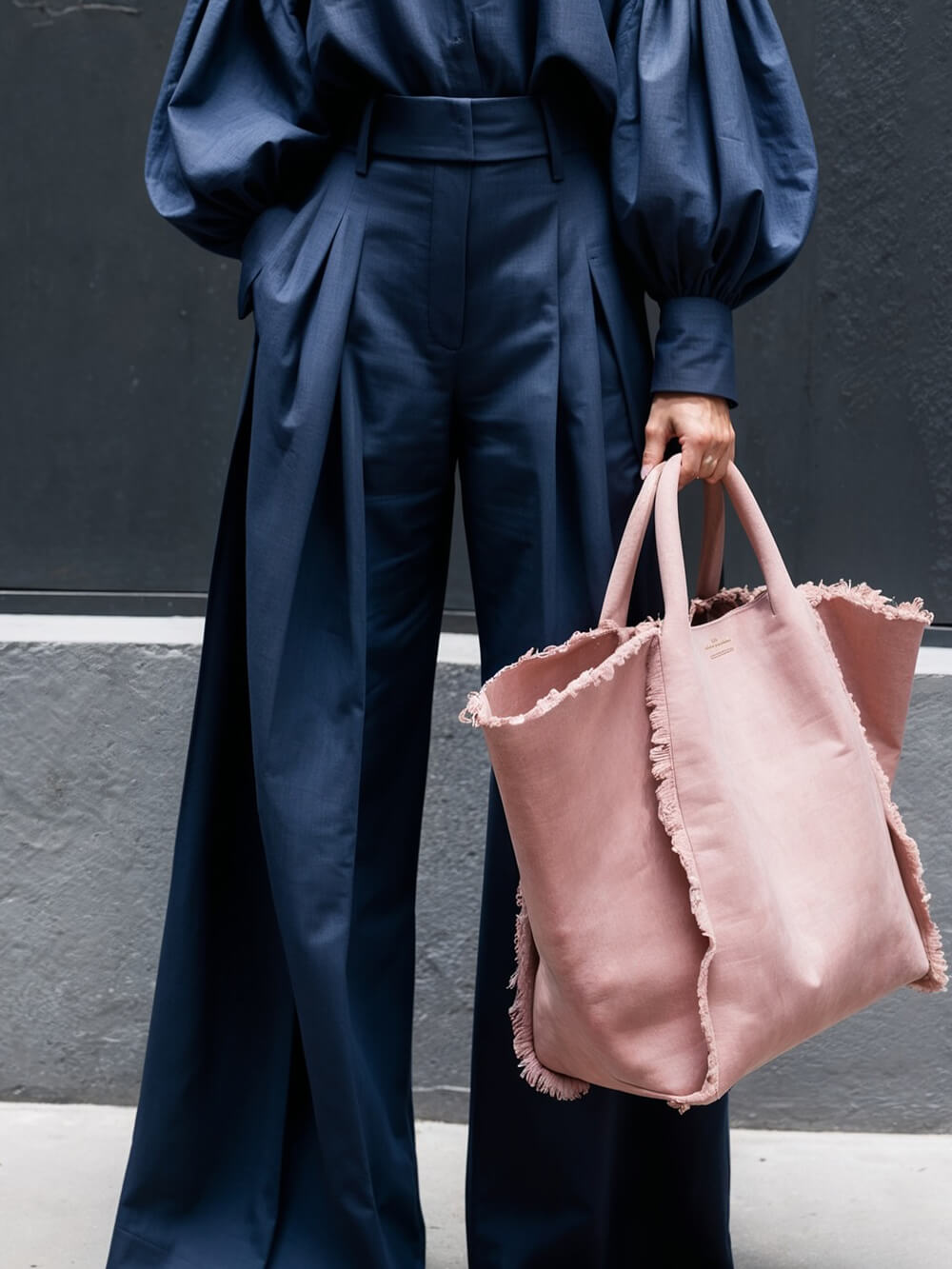 Fashionable Casual Solid Color Unique Pleated Pocket High Waist Wide Leg Pants Navy Blue