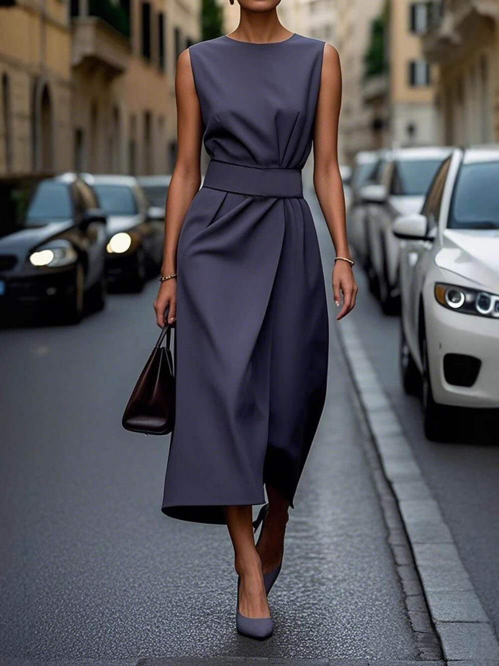 Elegant Pleats Solid Color Sleeveless Round Neck Casual Midi Dress Navy Blue
