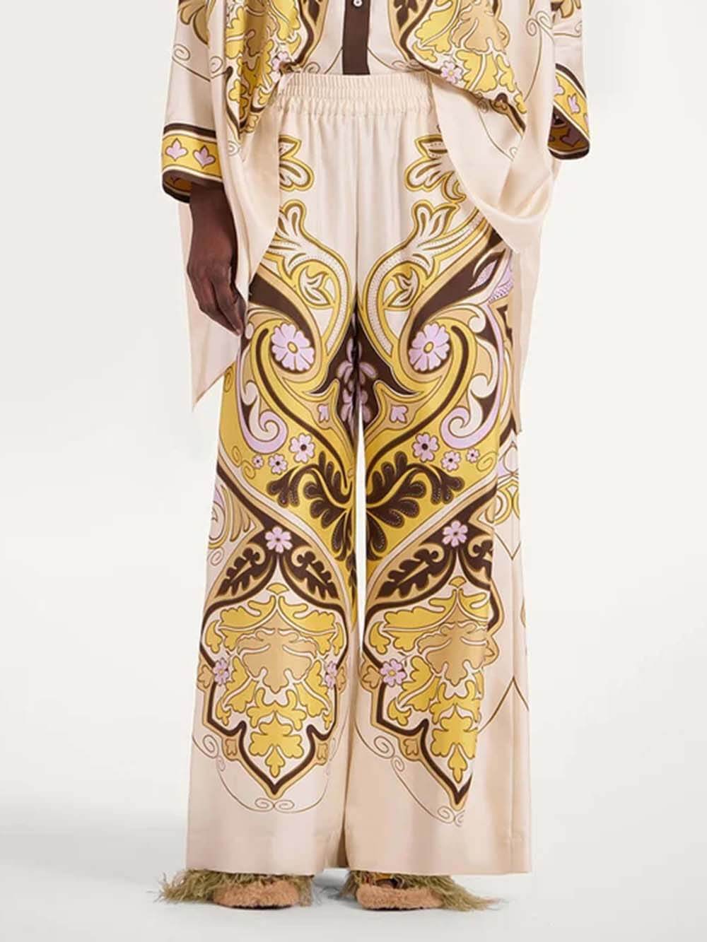 Unique Print Elastic Waist Loose-Fit Pocket Wide-Leg Pants Yellow