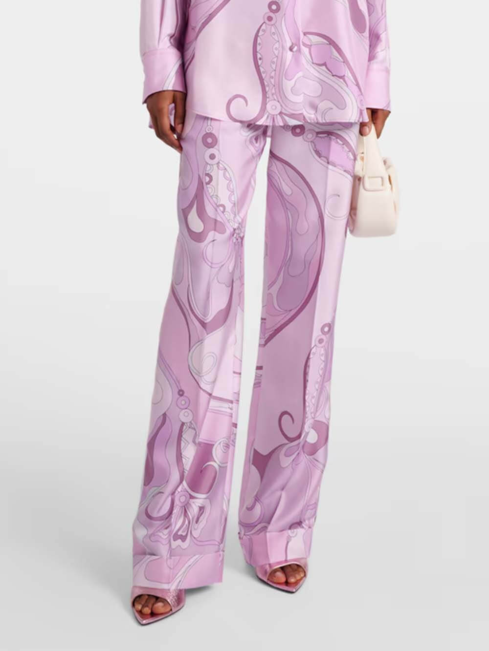 Exquisite Orchid Print Satin Twill Button Pocket Straight-Leg Pants Pink