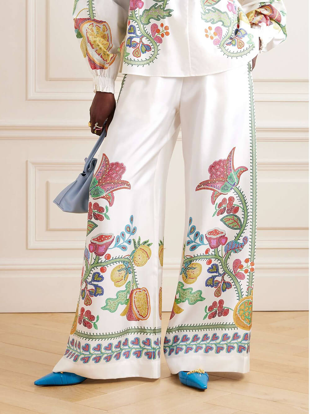 Unique Floral Print Satin With Elastic Waist Wide-Leg Pants White