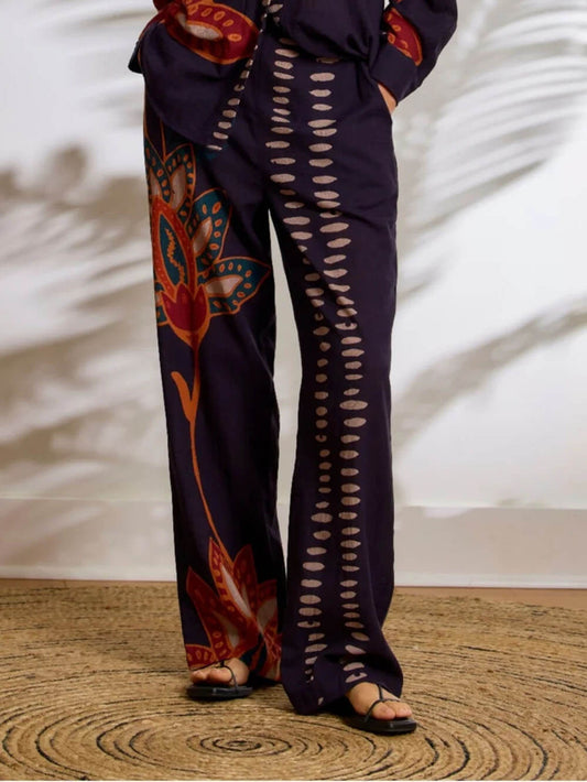 Exquisite Floral Print Linen Button-Up Top And Loose Pocket Pants Set