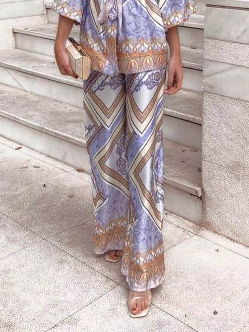 Elegant Unique Pattern Print Elastic Waist Loose Straight Pants Purple