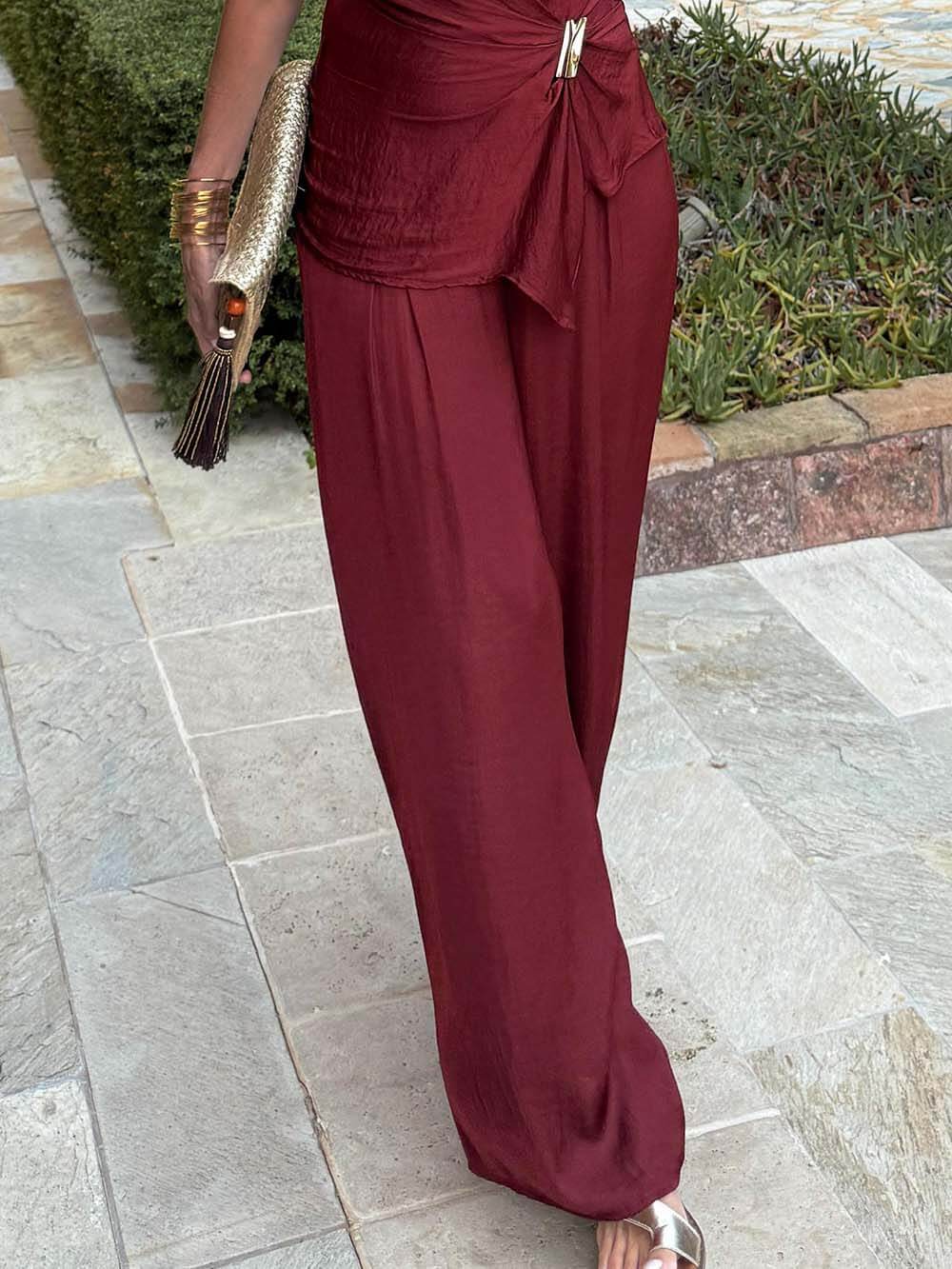 Casual Ruched High-Waist Wide-Leg Pants Burgundy