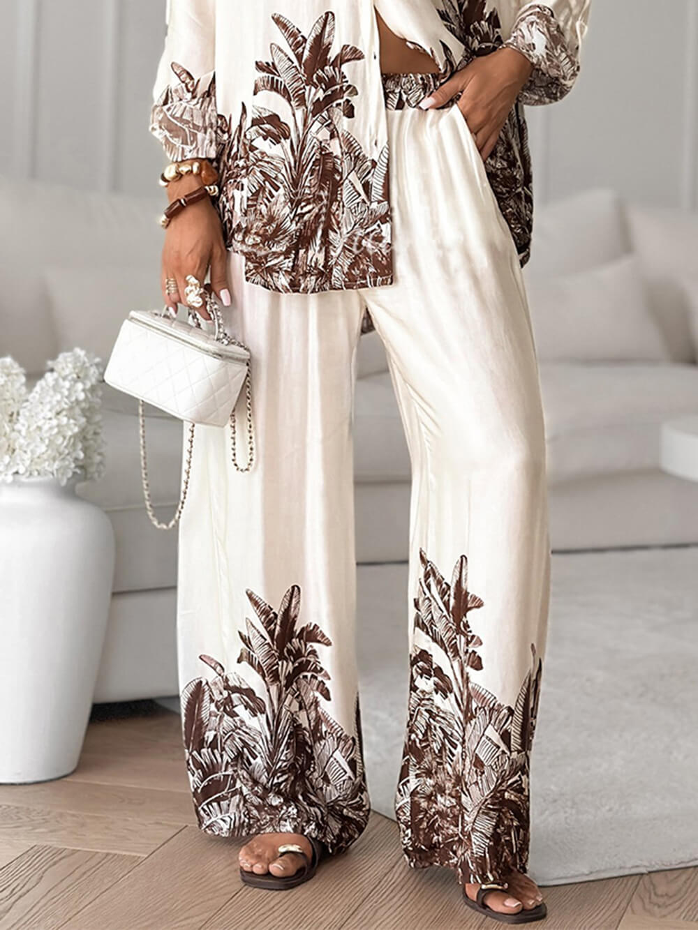 Casual Floral Print Elastic-Waist Wide-Leg Pants White