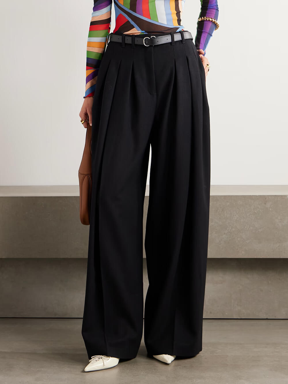 Retro Pleated Loose Pocket Wide Leg Pants Black