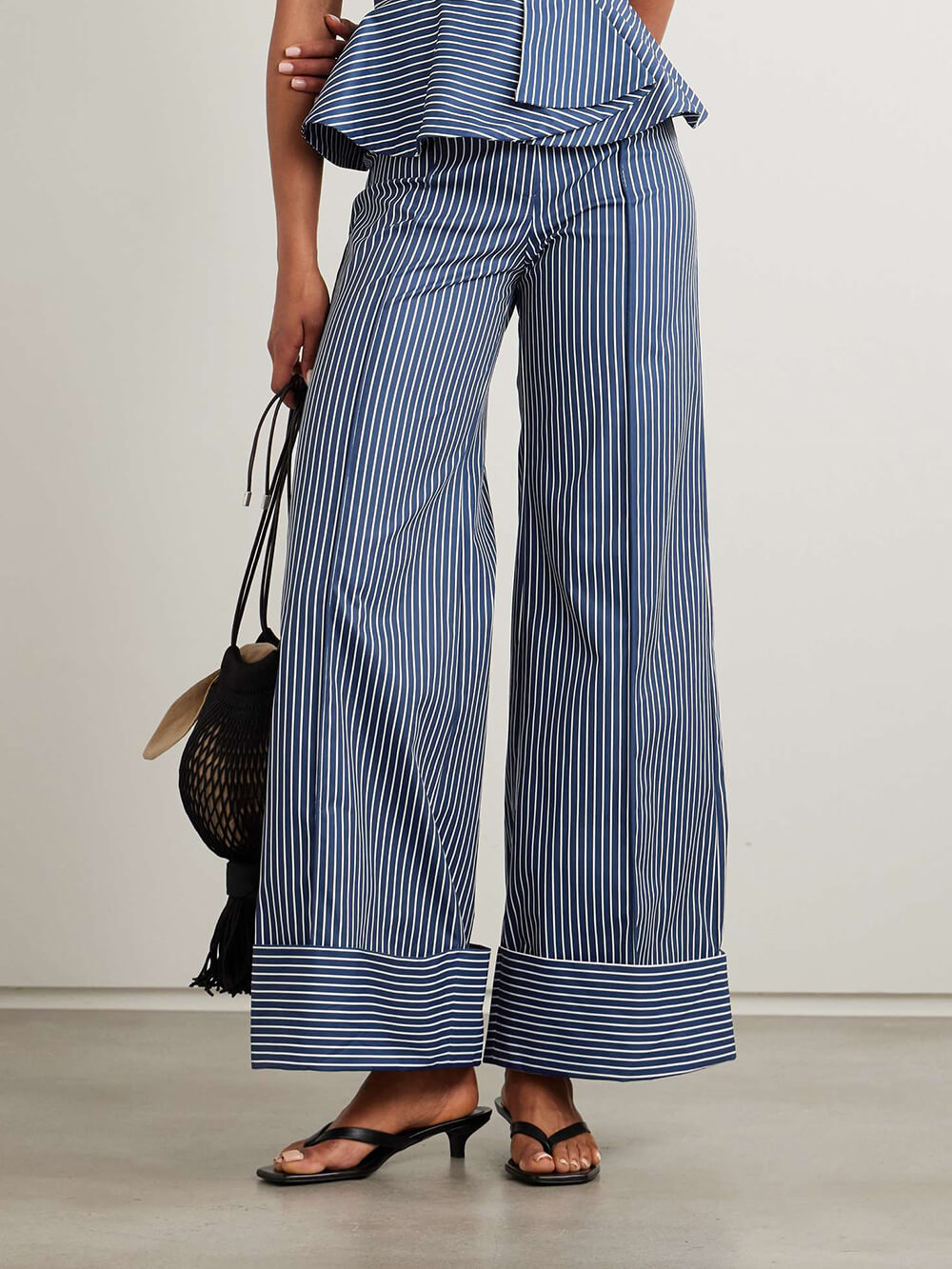 Retro Striped Print Stretch Twill Wide-Leg Pants Navy