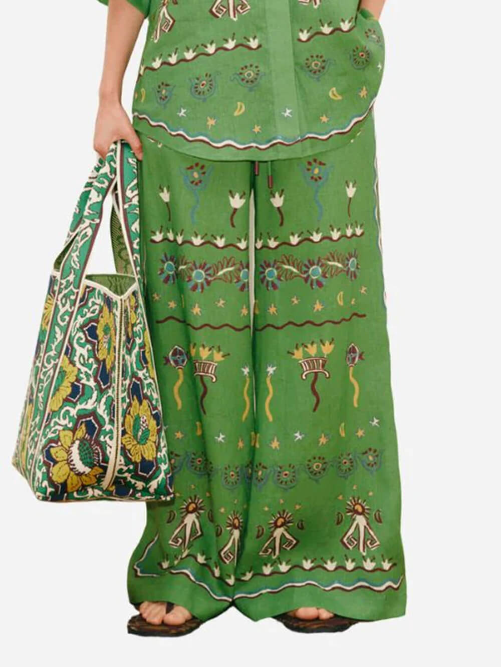 Unique Casual Sun Dancer Print Elastic Waist Loose Pocket Wide-Leg Pants Green Pants