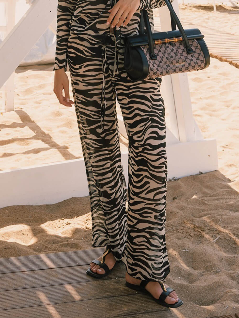 Unique Zebra Print High-Waist Straight-Leg Pants Black