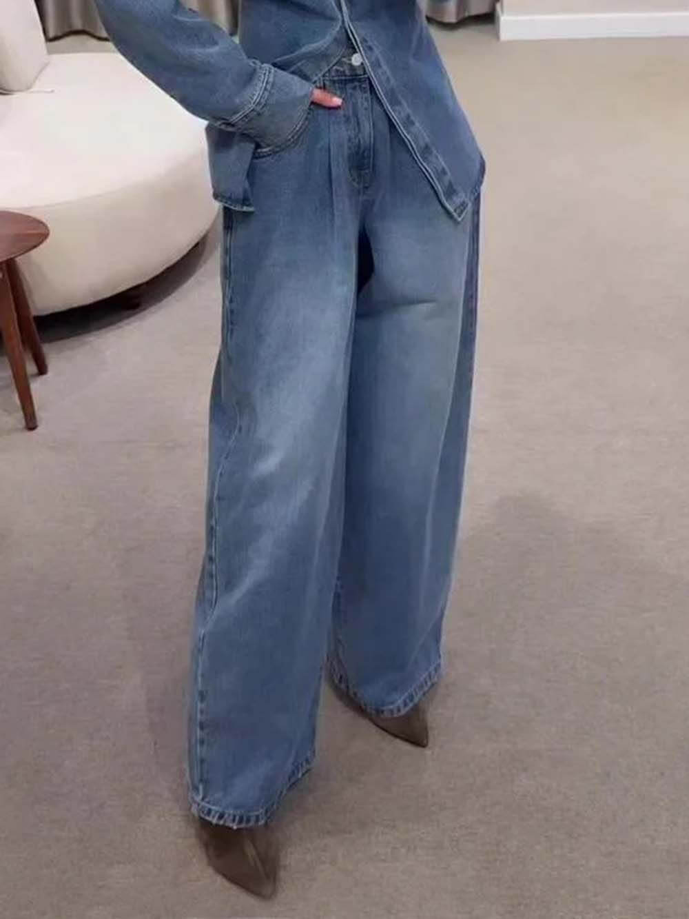 Fashionable High-Waist Pocket Wide-Leg Jeans Blue