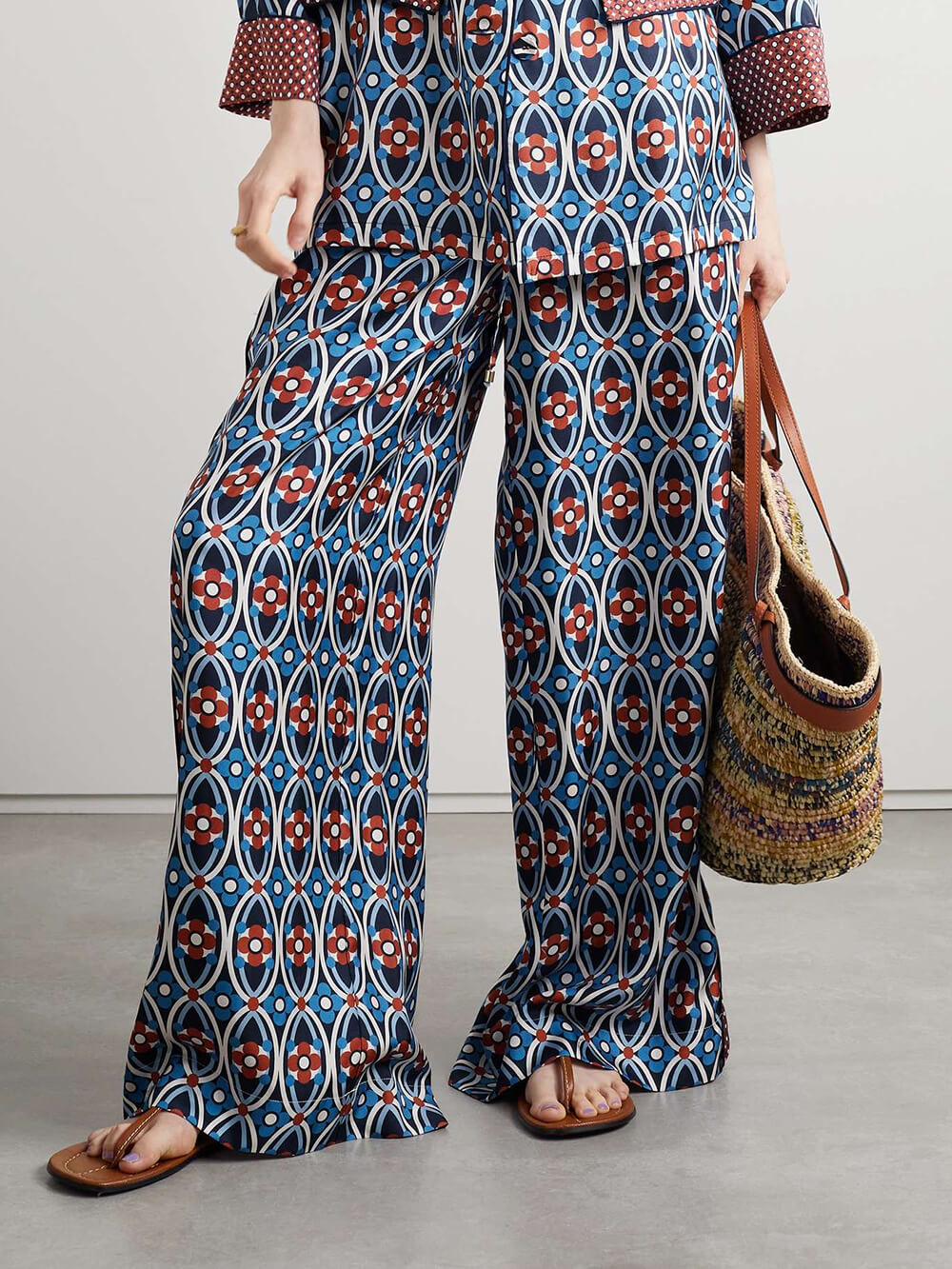 Unique Venice Print Satin Twill Elastic-Waist Wide-Leg Pants Blue